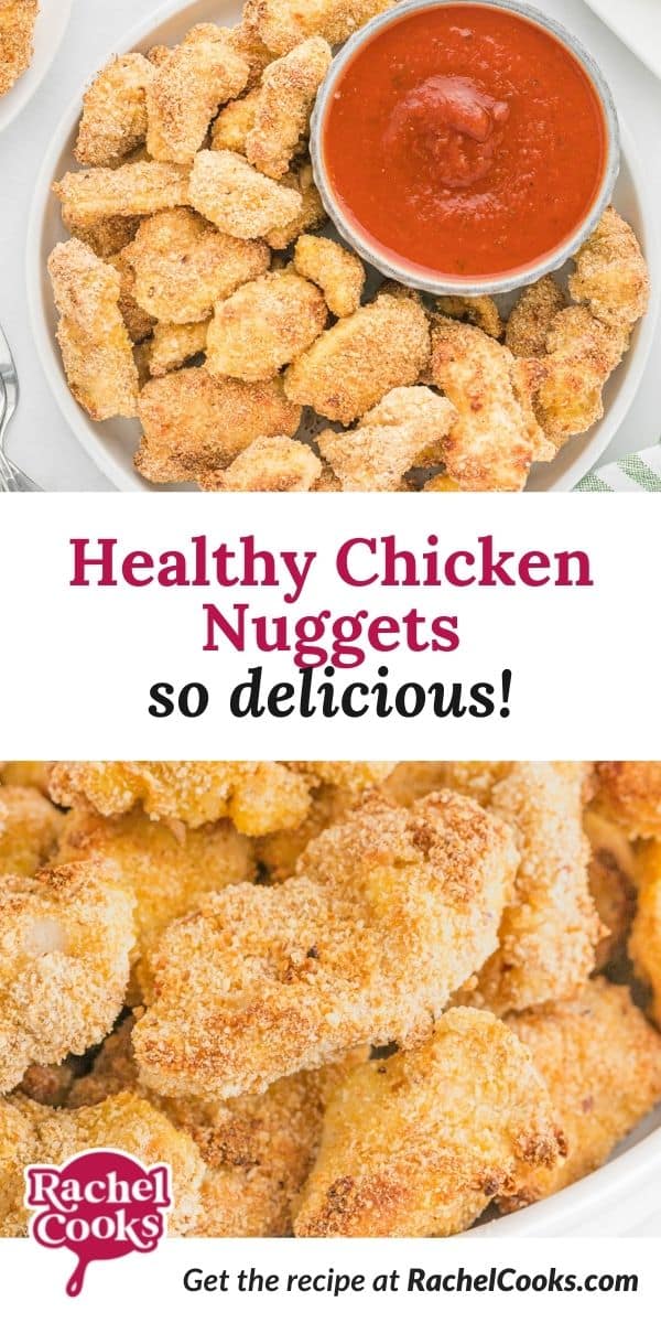 Chicken nuggets, text overlay reads "healthy chicken nuggets - so perfect."