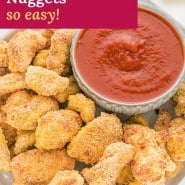 Chicken nuggets, text overlay reads "healthy chicken nuggets - so easy."