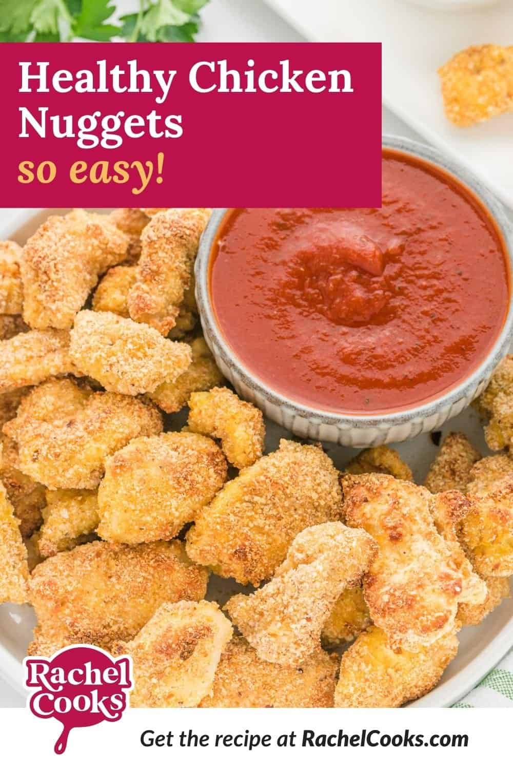 Chicken nuggets, text overlay reads "healthy chicken nuggets - so easy."