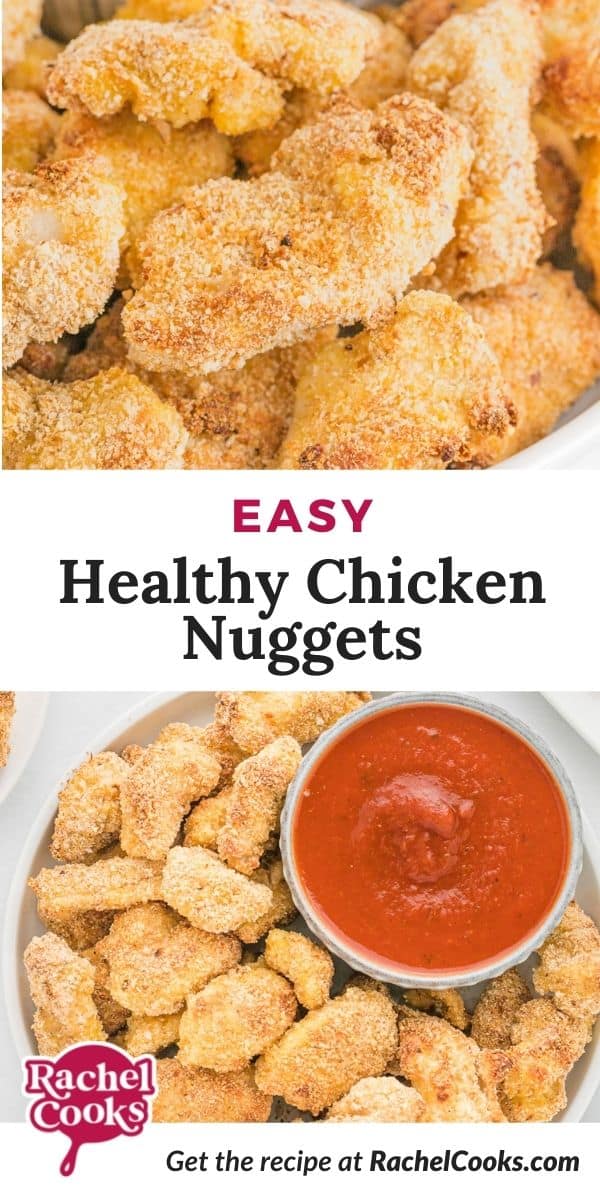 Chicken nuggets, text overlay reads "easy healthy chicken nuggets."