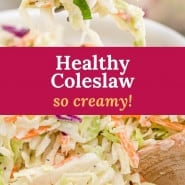 Coleslaw, text overlay reads "healthy coleslaw - so creamy!"