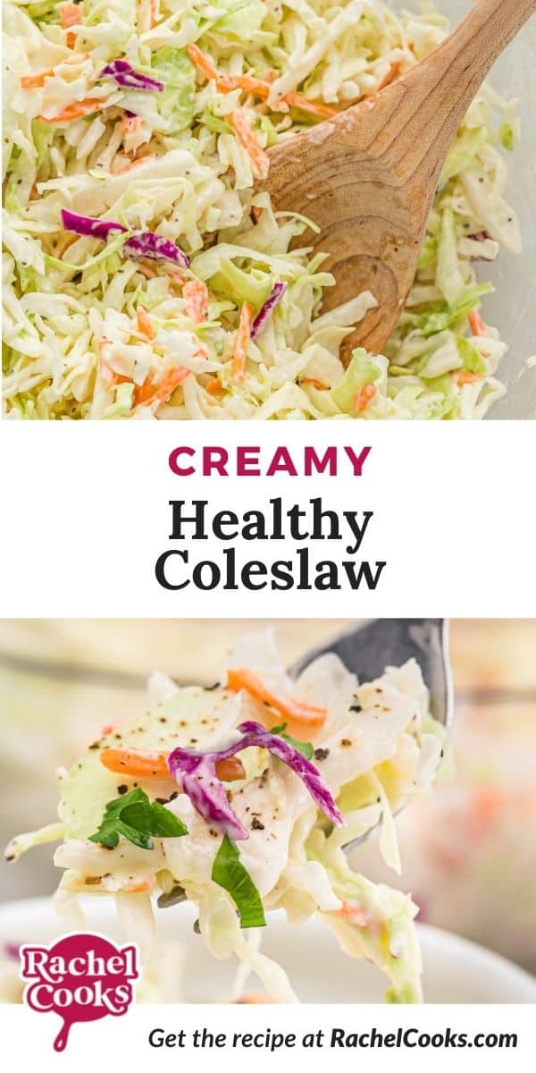 Coleslaw, text overlay reads "creamy healthy coleslaw."