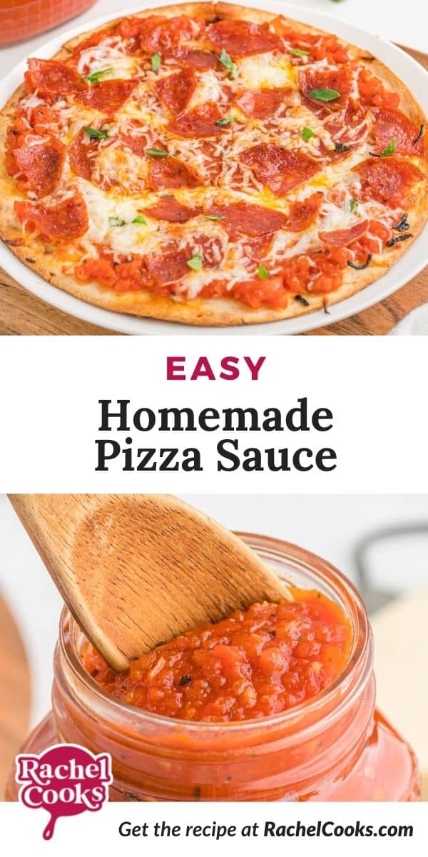 Red sauce in a jar, text overlay reads "easy homemade pizza sauce."