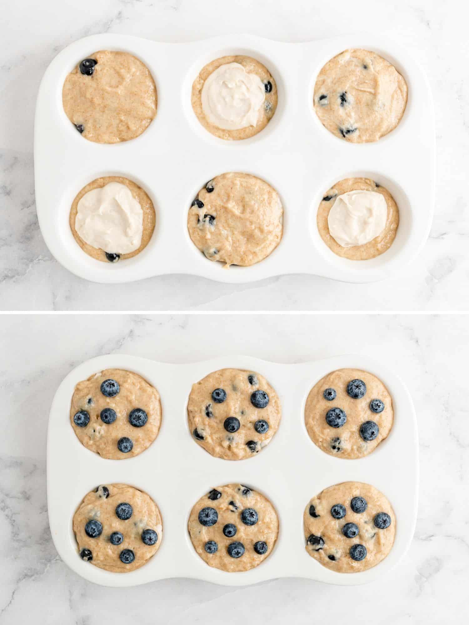 Two images showing muffins being filled.