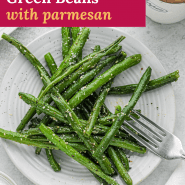 Beans, text overlay reads "roasted green beans with parmesan."