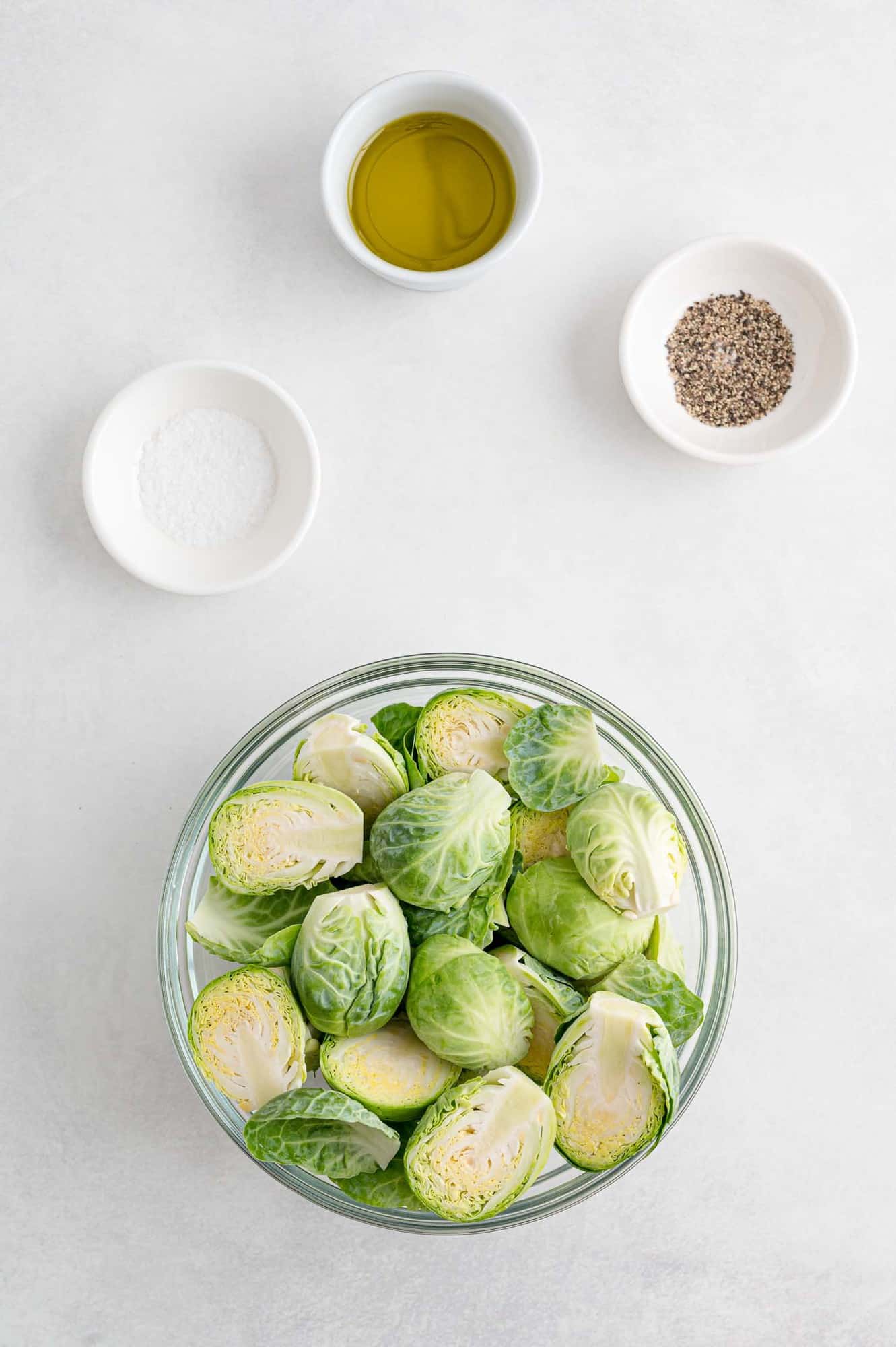 Ingredients needed for recipe including Brussels sprouts.