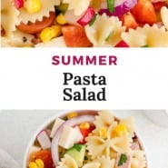 Pasta and vegetables, text overlay reads "summer pasta salad."