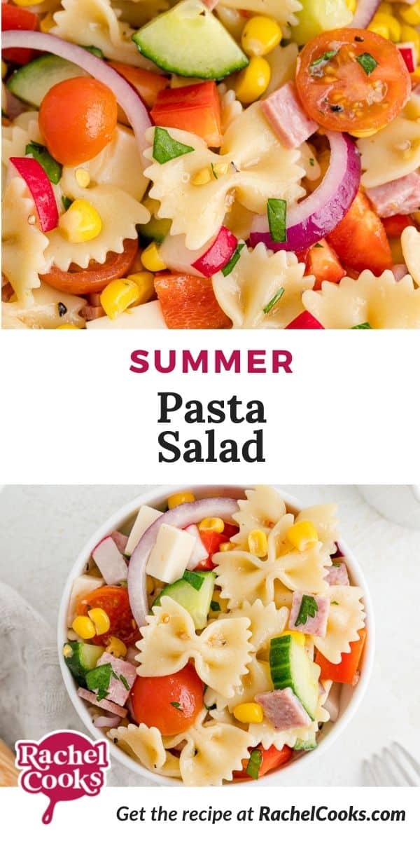 Pasta and vegetables, text overlay reads "summer pasta salad."