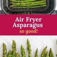 Cooked asparagus, text overlay reads "air fryer asparagus - so good."