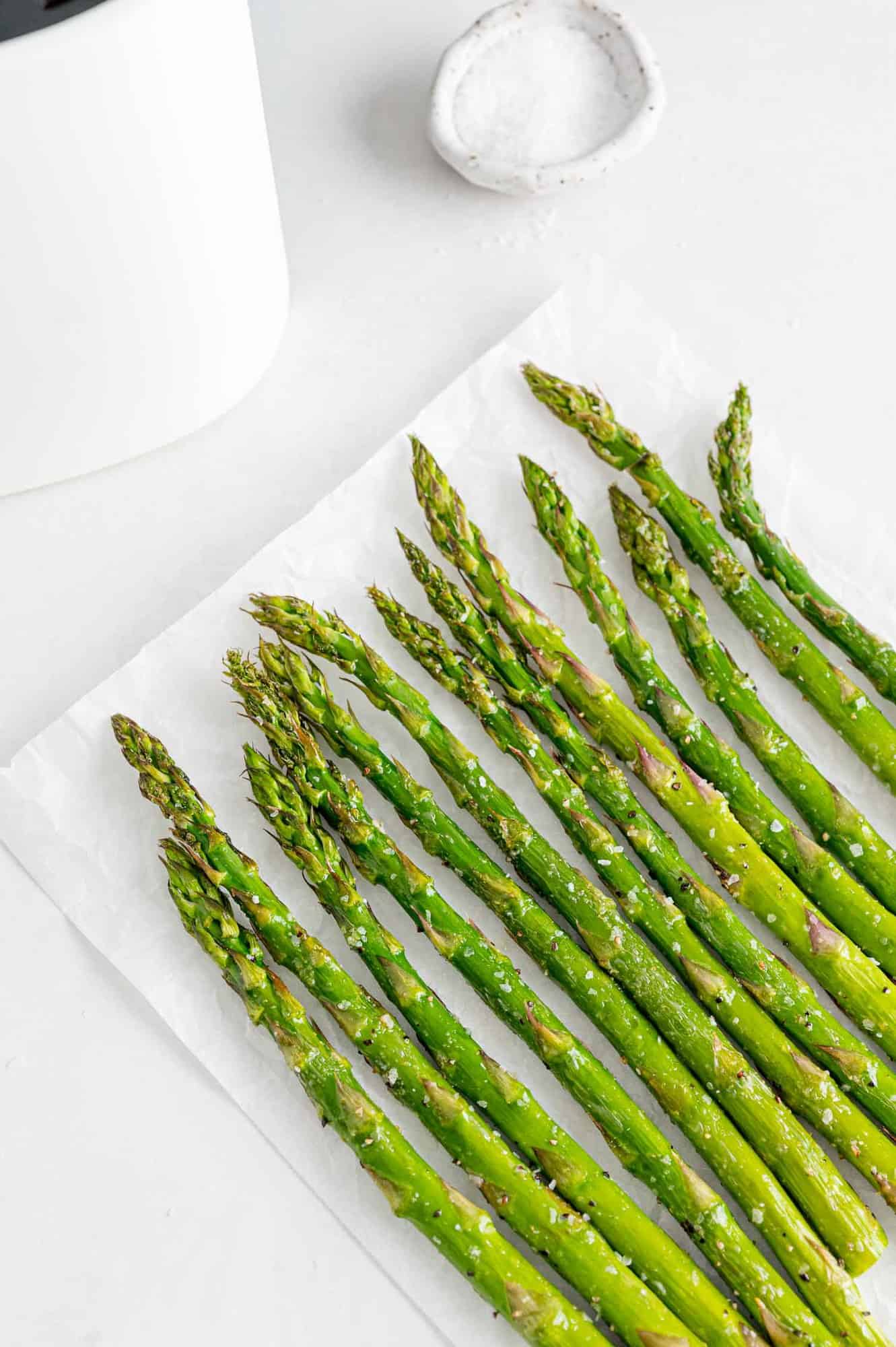 Air fryer asparagus diagonal from bottom right corner.