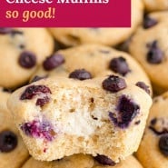 Muffin, text overlay reads "blueberry cream cheese muffins - so good!"