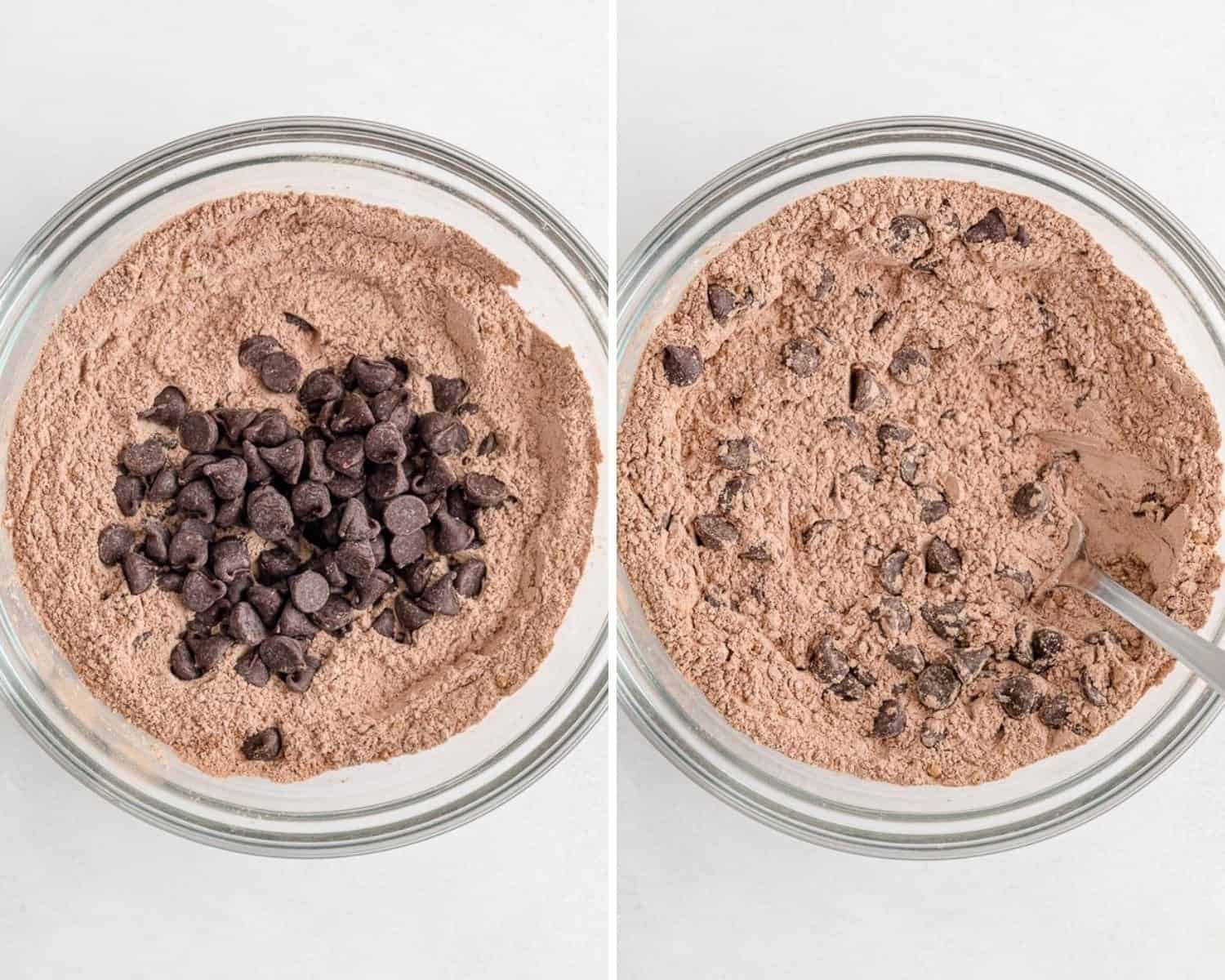 Chocolate chips being mixed into dry ingredients.