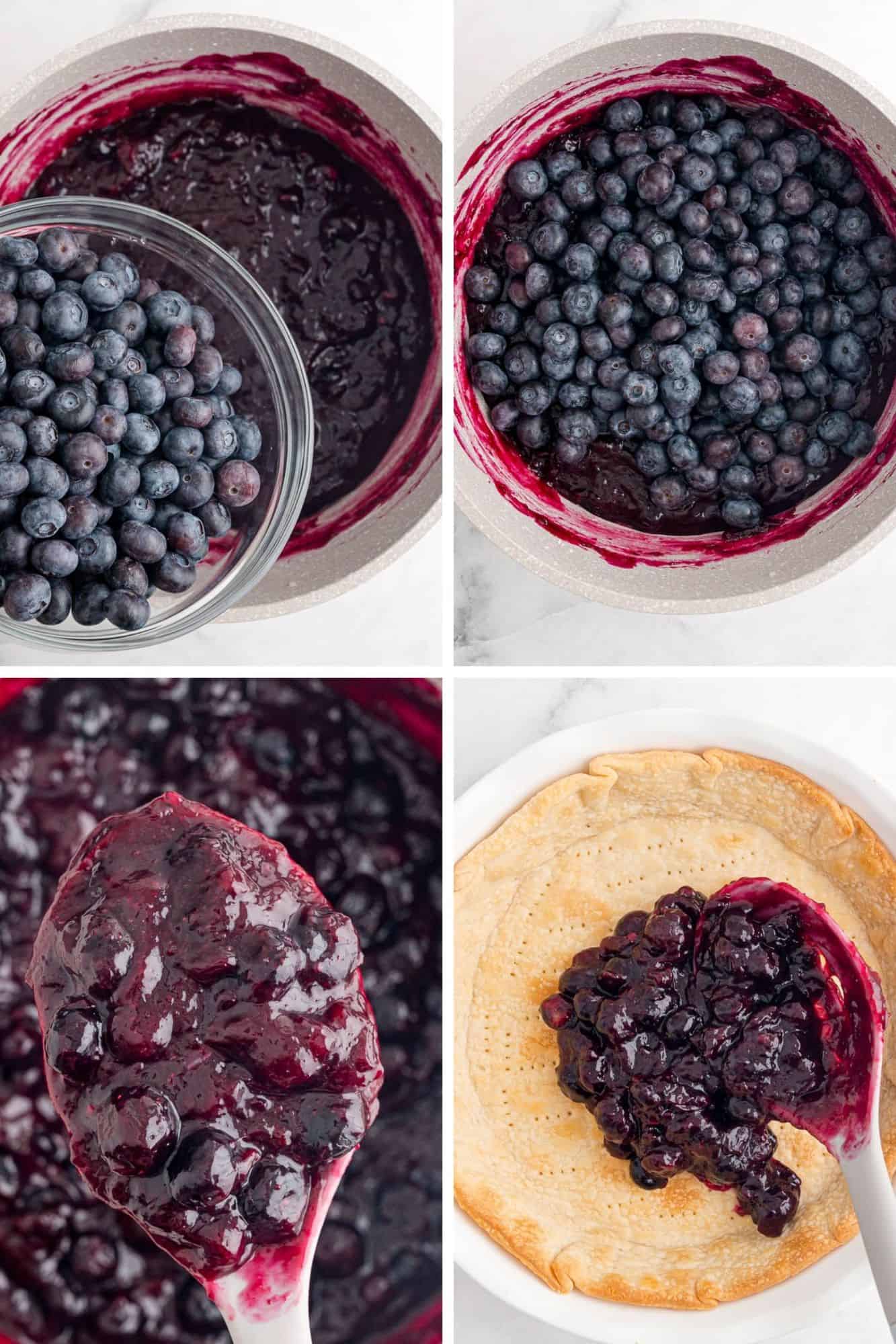 Filling being finished with fresh blueberries and added to pie crust.