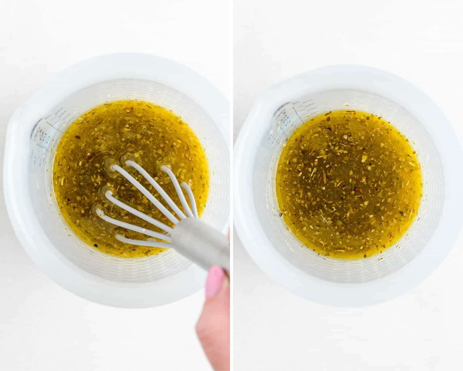 Two images of vinaigrette, one whisked, one not yet whisked.