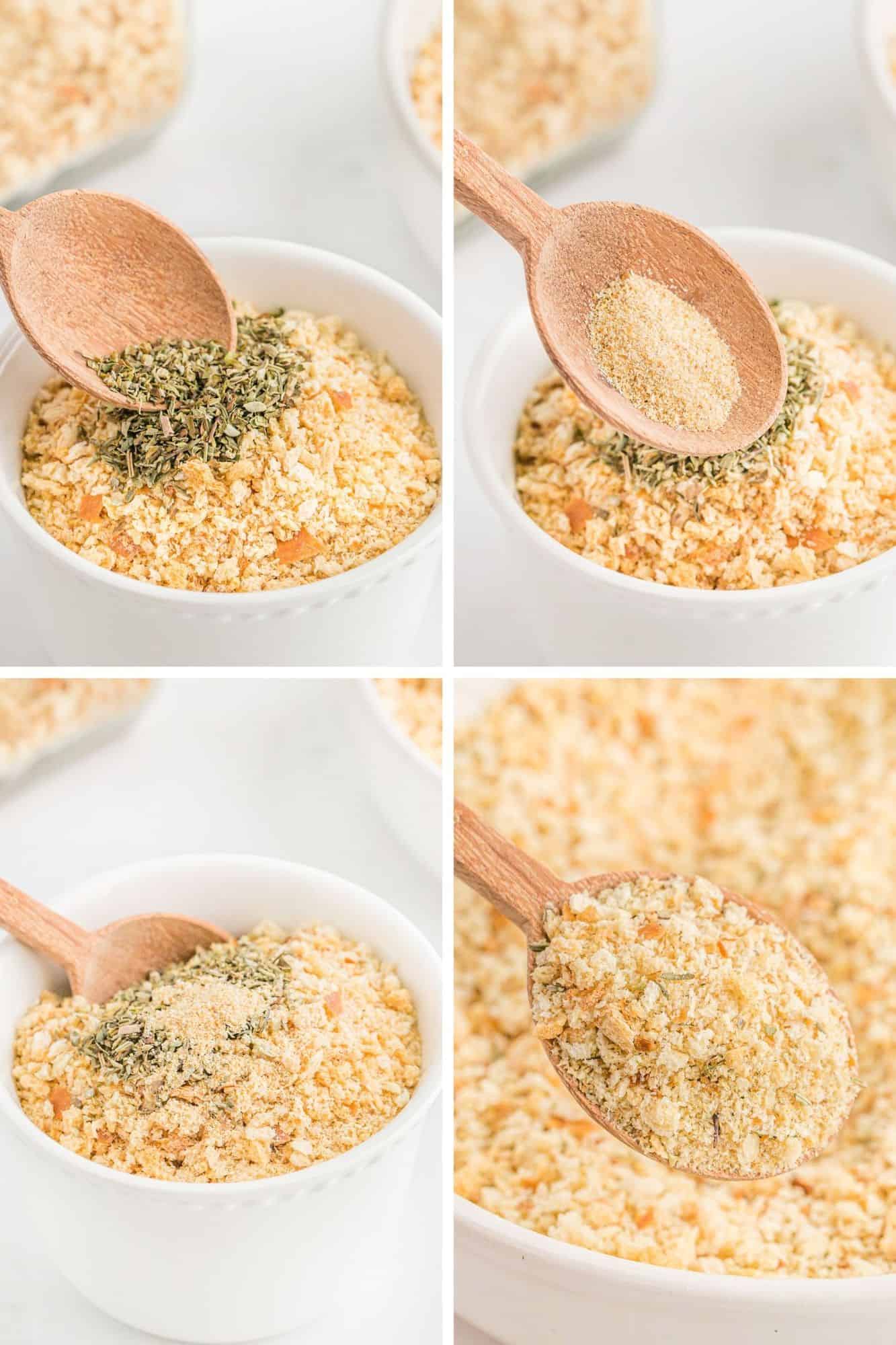Four images showing how to make Italian bread crumbs.