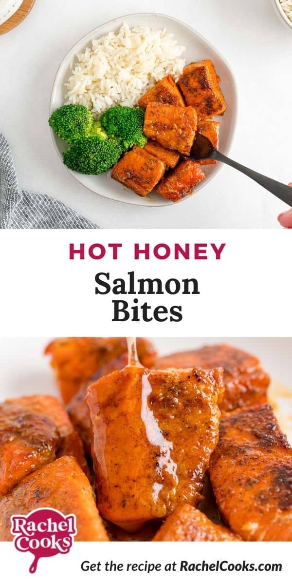 Salmon, text overlay reads "hot honey salmon bites."