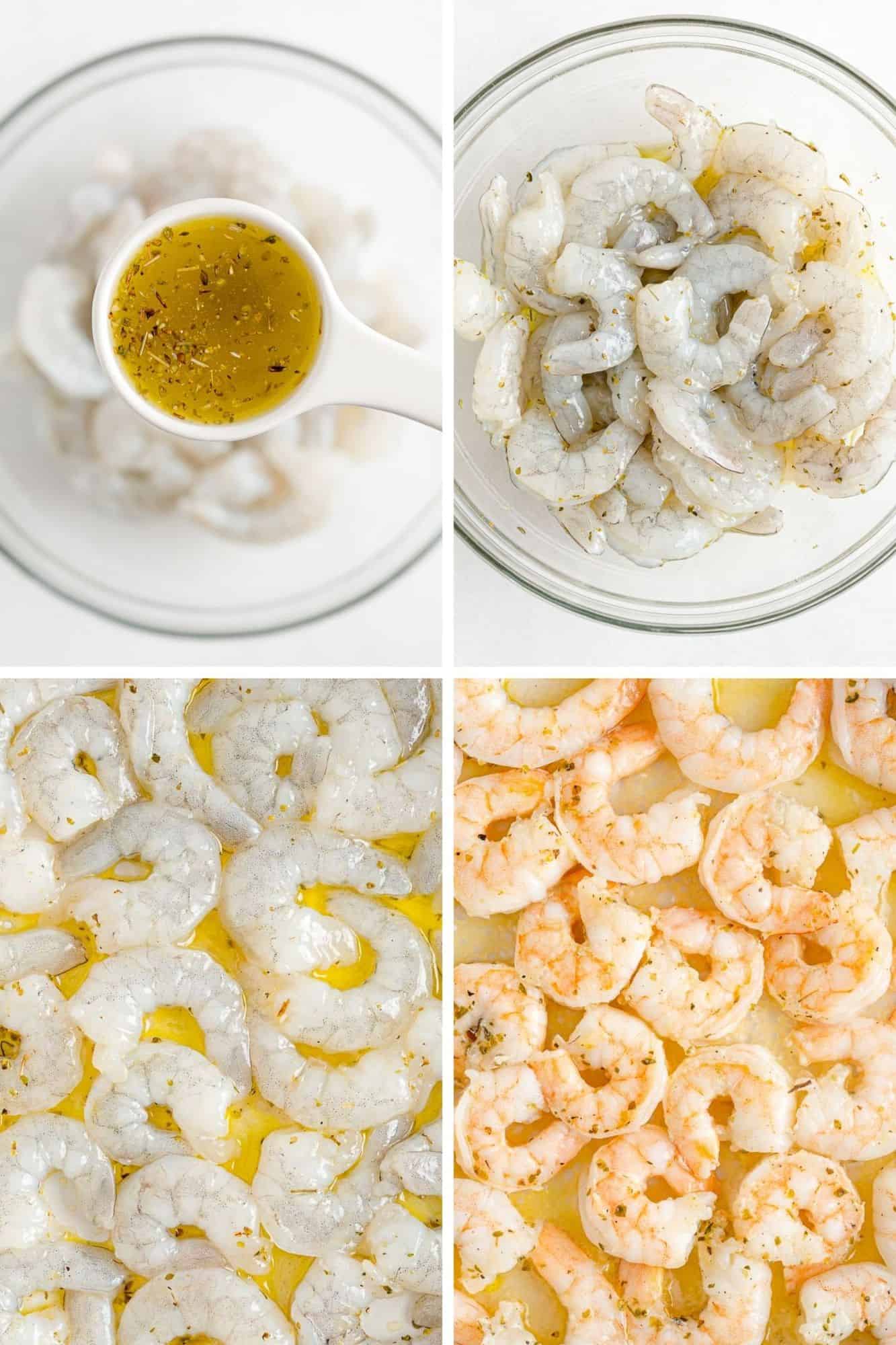 Four process images of shrimp being marinated and cooked.