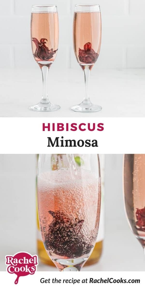 Two champagne cocktails, text overlay reads "hibiscus mimosa."