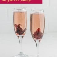 Two champagne cocktails, text overlay reads "hibiscus mimosas - so fun and easy!"