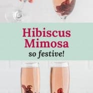 Two champagne cocktails, text overlay reads "hibiscus mimosa - so festive!"