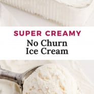 Ice cream, text overlay reads "super creamy no churn vanilla ice cream."