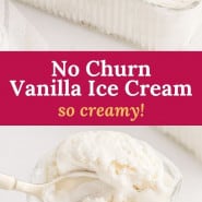 Ice cream, text overlay reads "no churn vanilla ice cream - so easy!"