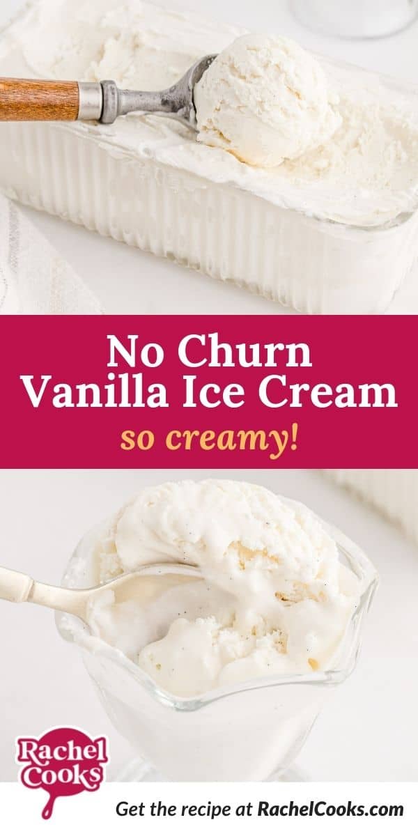 Ice cream, text overlay reads "no churn vanilla ice cream - so easy!"