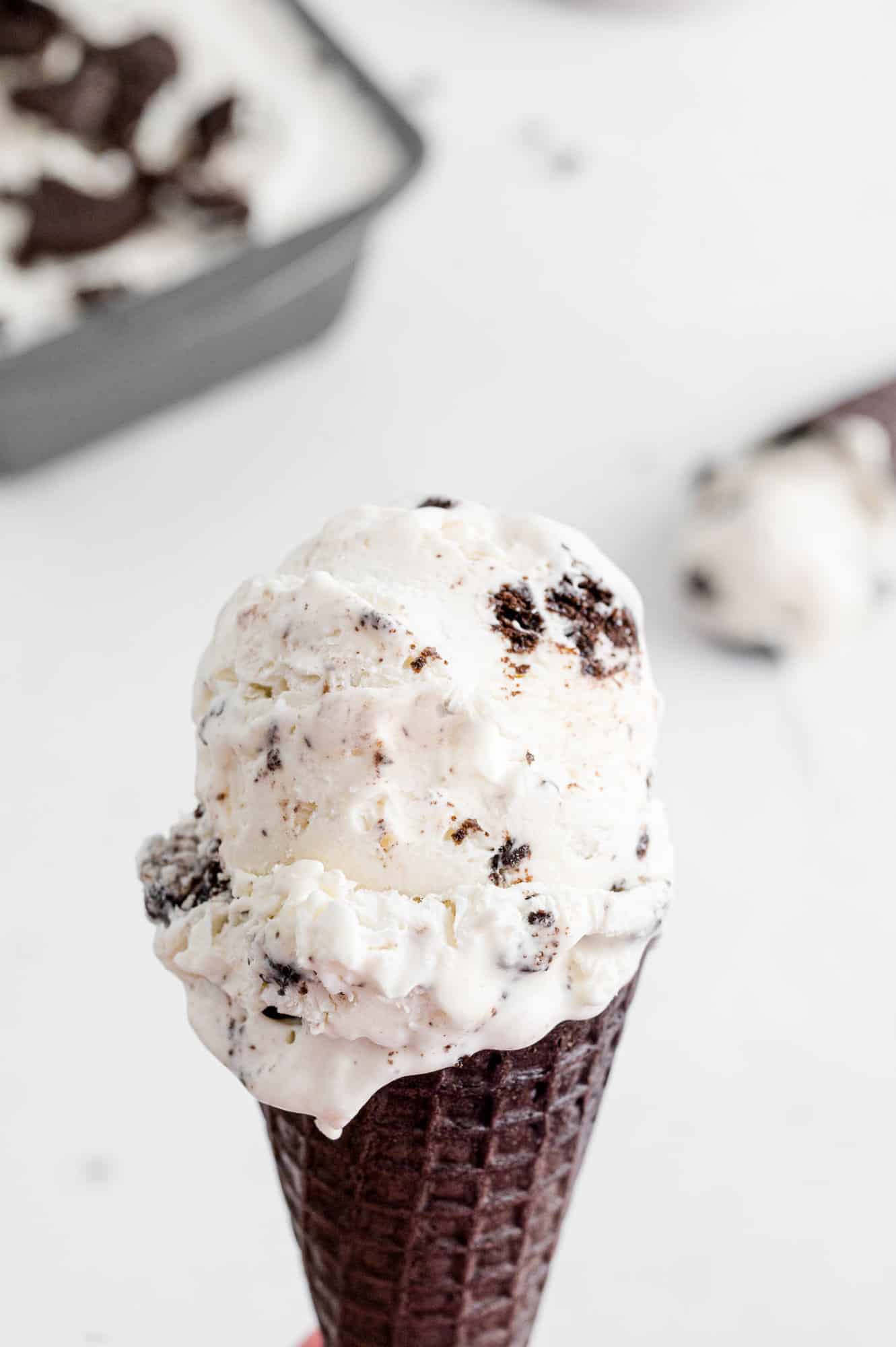 No churn Oreo ice cream in a chocolate cone.