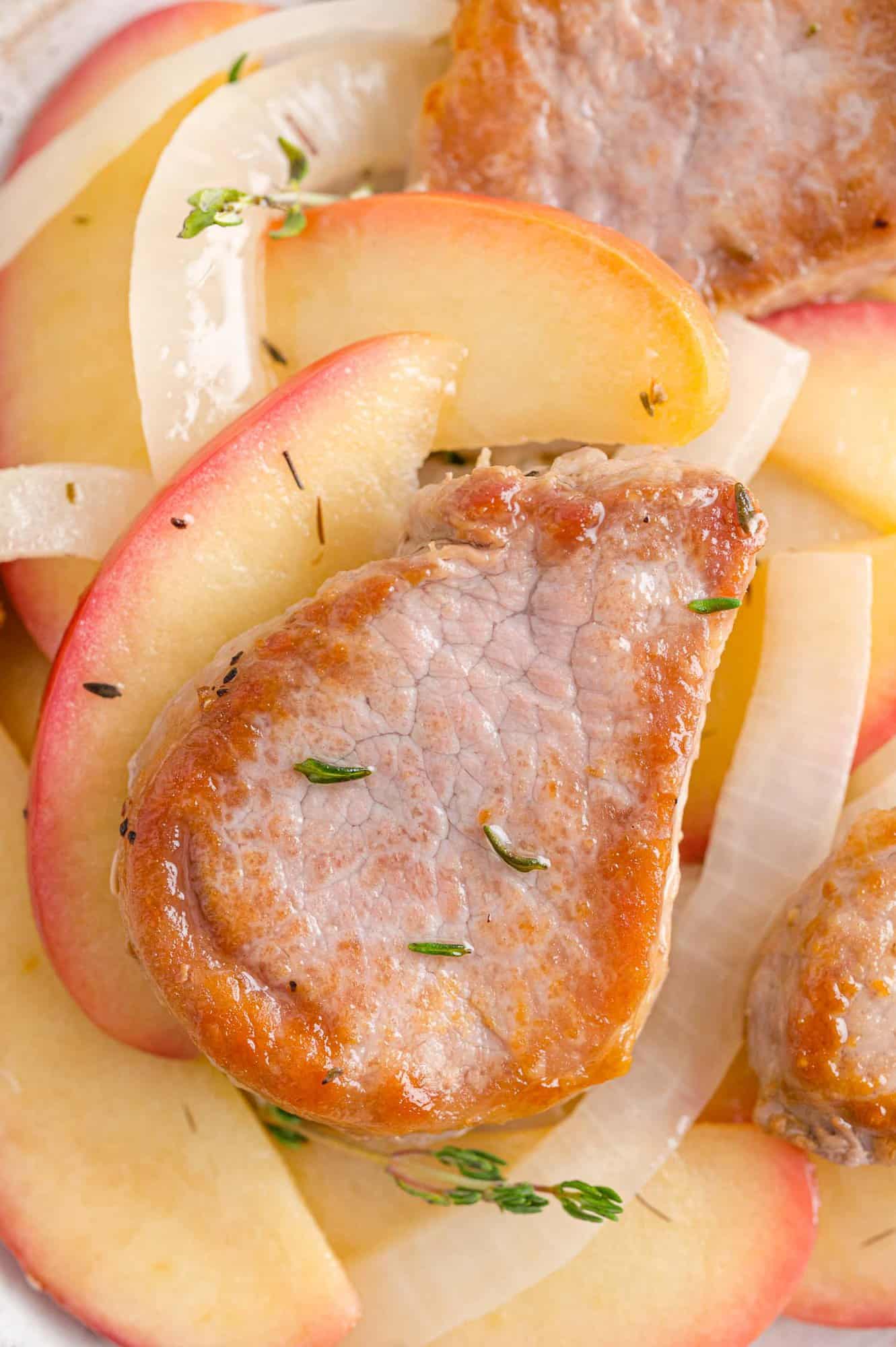 Close up of browned pork tenderloin slice.