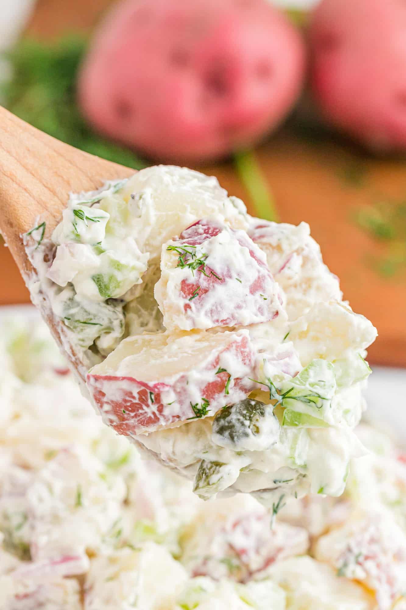 Potato salad on a spoon.