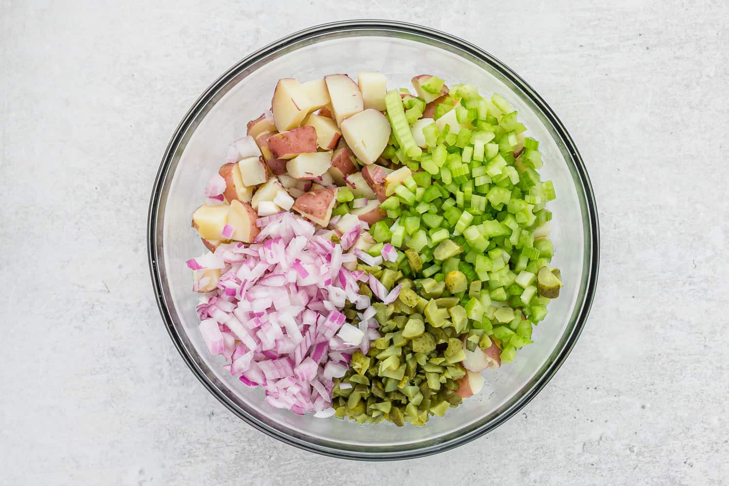 Potato salad ingredients with no dressing.