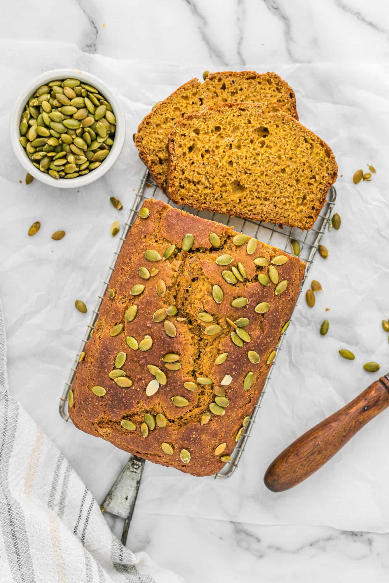 Overhead view of sliced pumpkin bread.