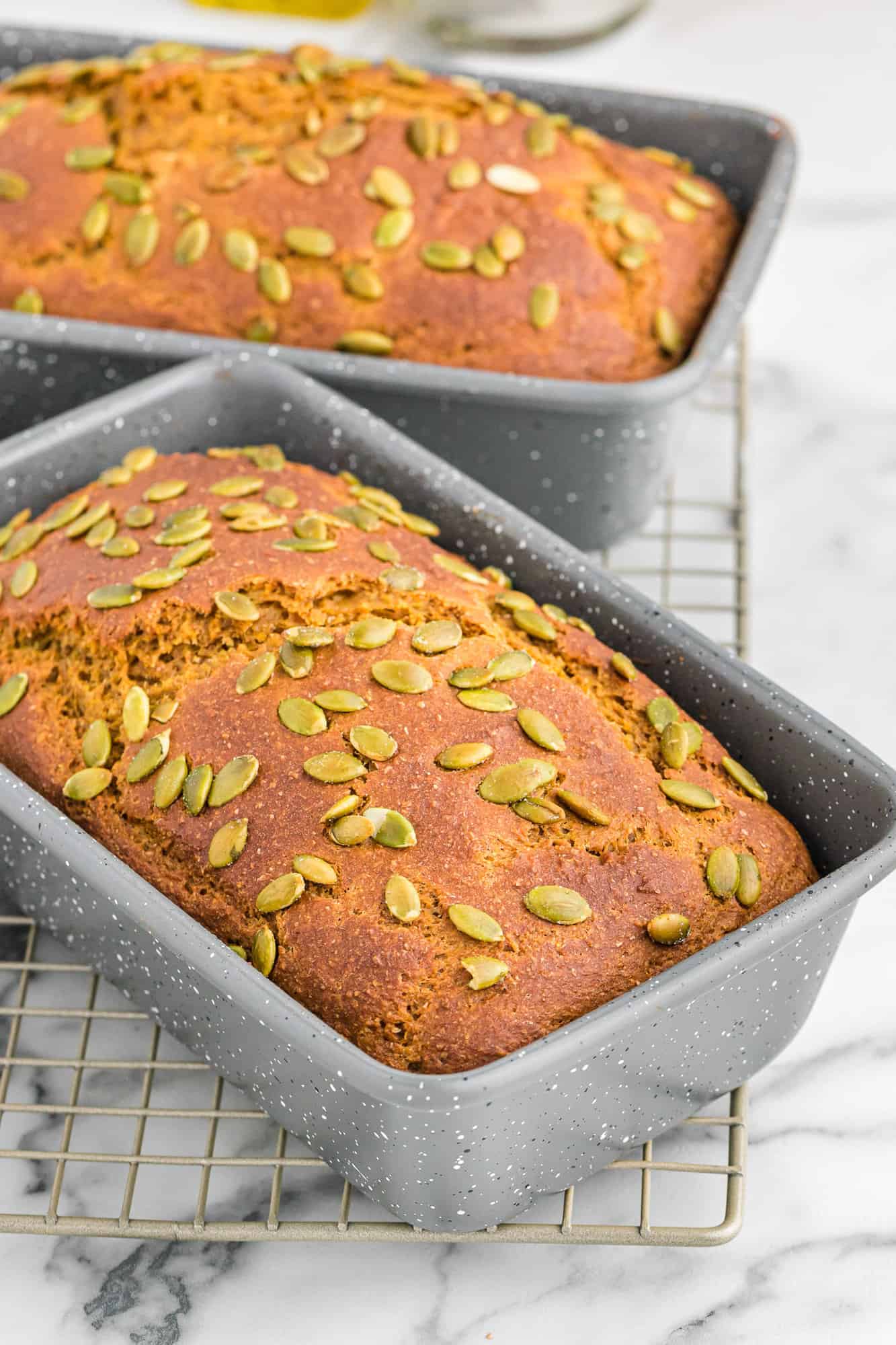 Baked bread in loaf pans.