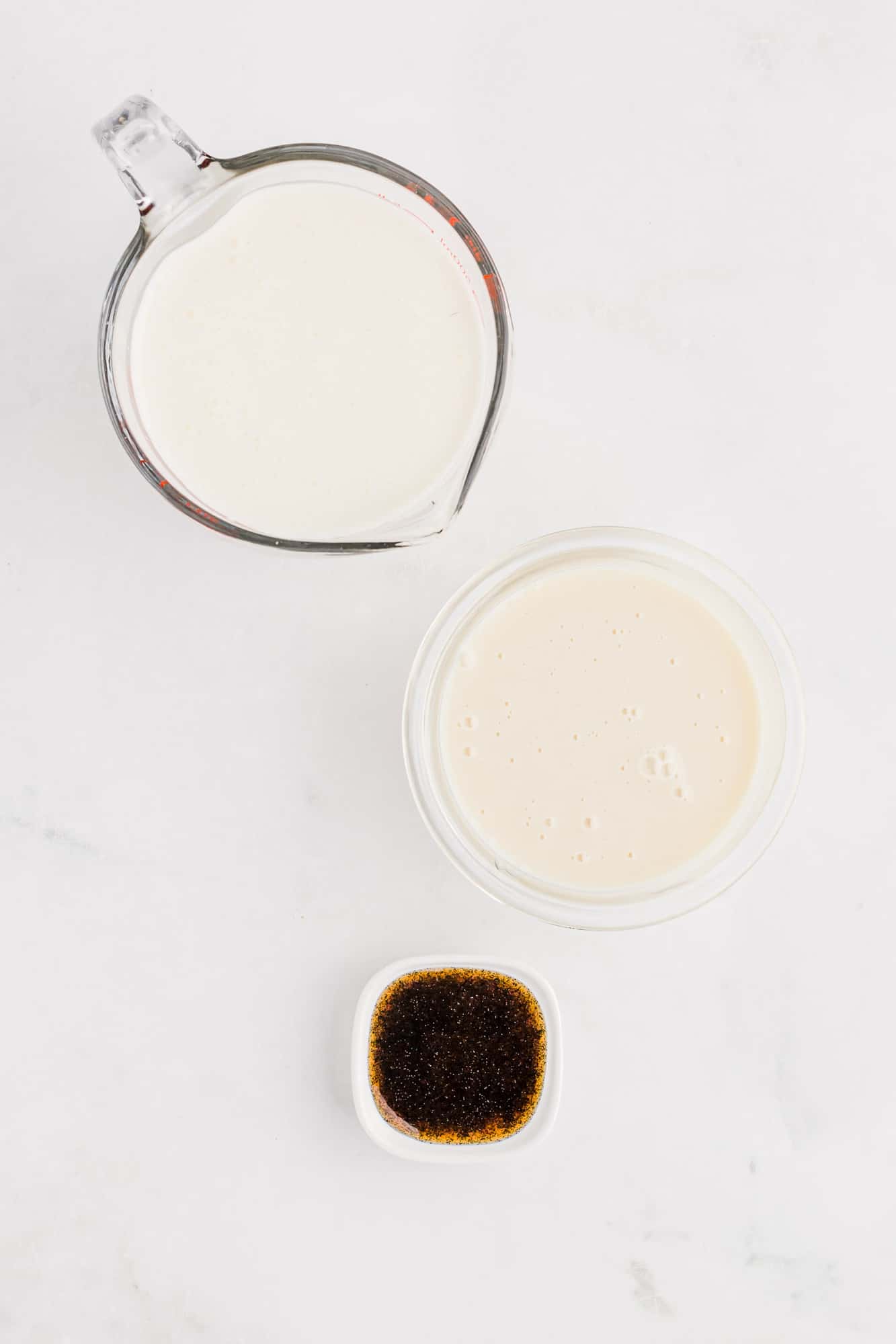 Overhead view of the three ingredients needed to make homemade vanilla ice cream.