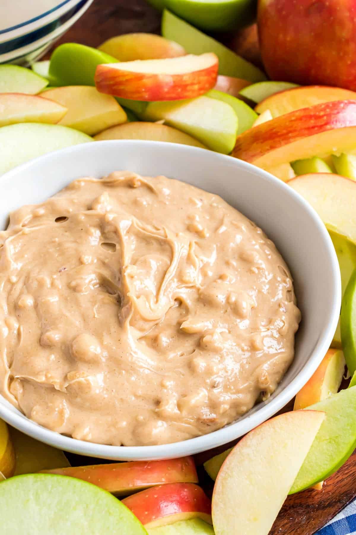 Light brown dip in a white bowl.