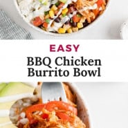 Burrito bowl, text overlay reads "easy bbq chicken burrito bowls."