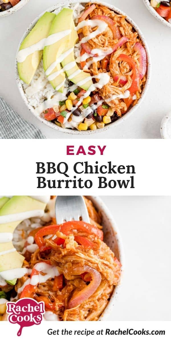 Burrito bowl, text overlay reads "easy bbq chicken burrito bowls."