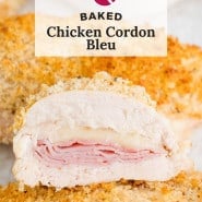 Chicken, text overlay reads "baked chicken cordon bleu."