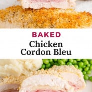 Chicken, text overlay reads "baked chicken cordon bleu."