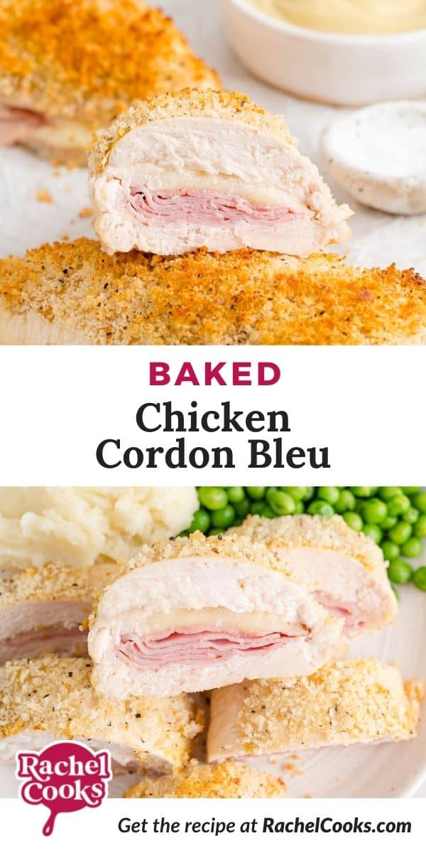 Chicken, text overlay reads "baked chicken cordon bleu."