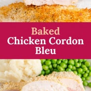 Chicken, text overlay reads "baked chicken cordon bleu."
