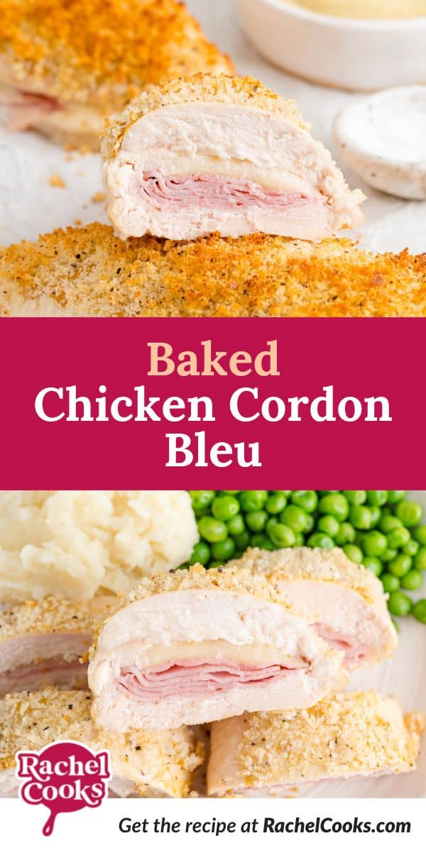 Chicken, text overlay reads "baked chicken cordon bleu."