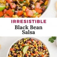Corn, beans, and tomatoes, text overlay reads "irresistible black bean salsa."