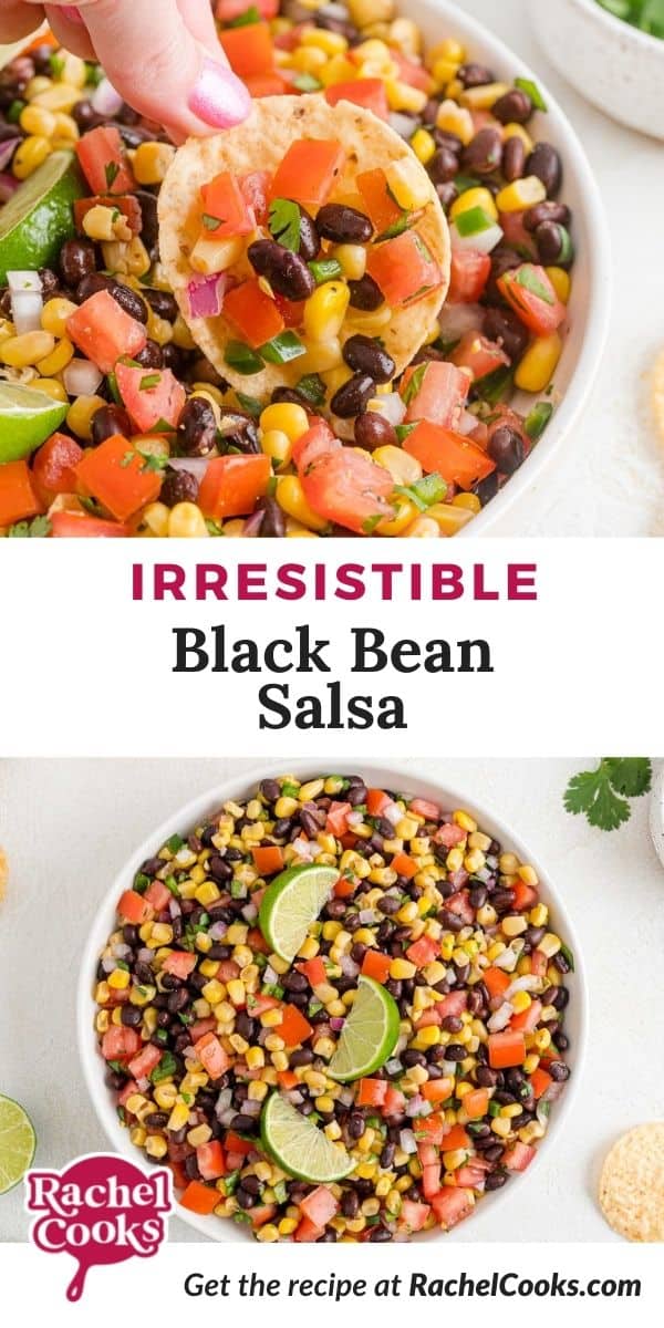 Corn, beans, and tomatoes, text overlay reads "irresistible black bean salsa."