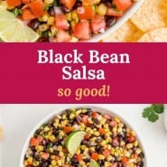 Corn, beans, and tomatoes, text overlay reads "black bean salsa - so good."