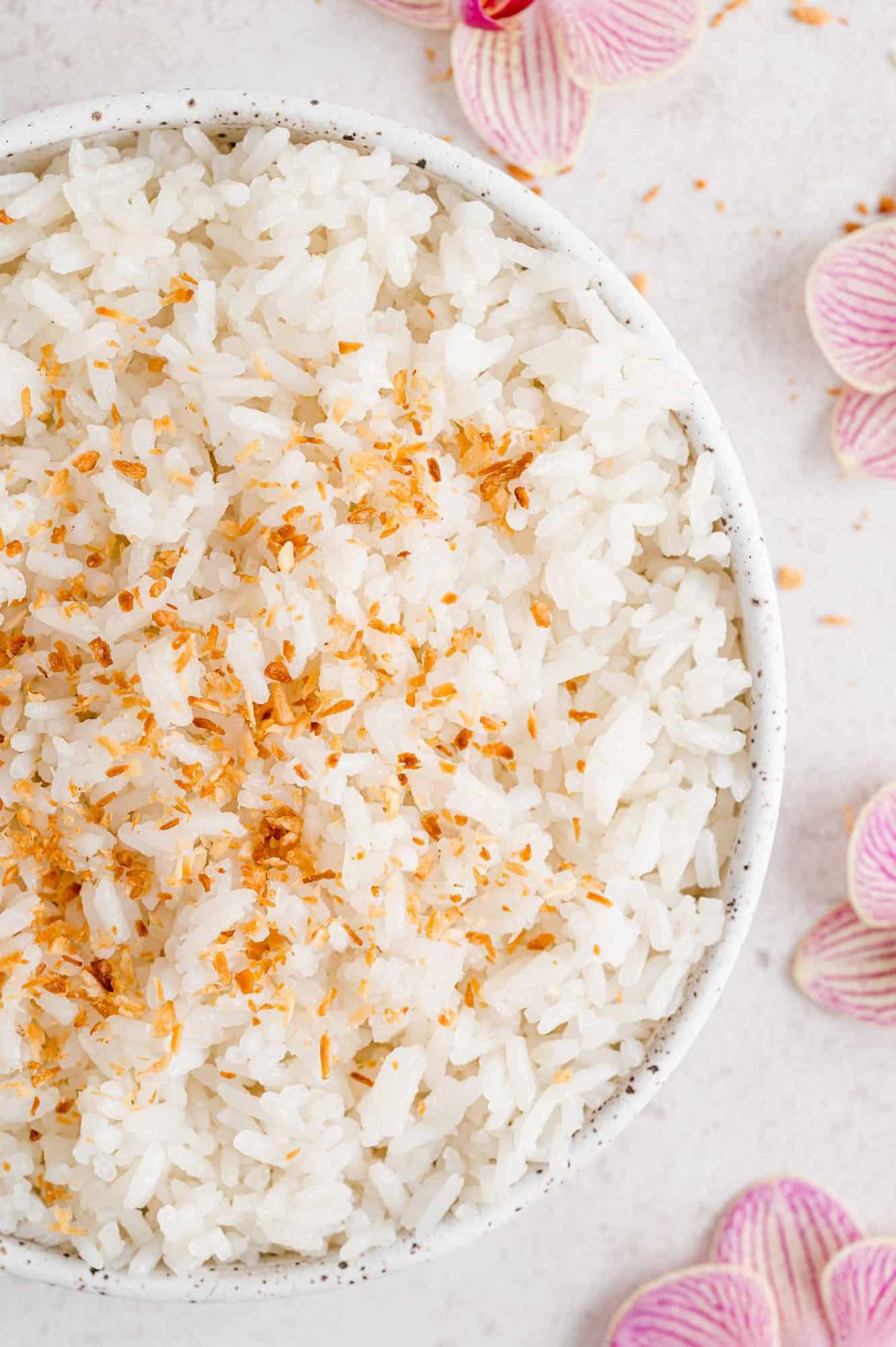 Coconut rice in a white bowl, garnished with toasted flaked coconut.