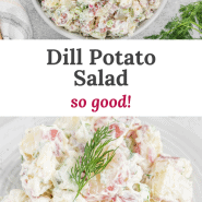 Potato salad, text overlay reads "dill potato salad - so good!"