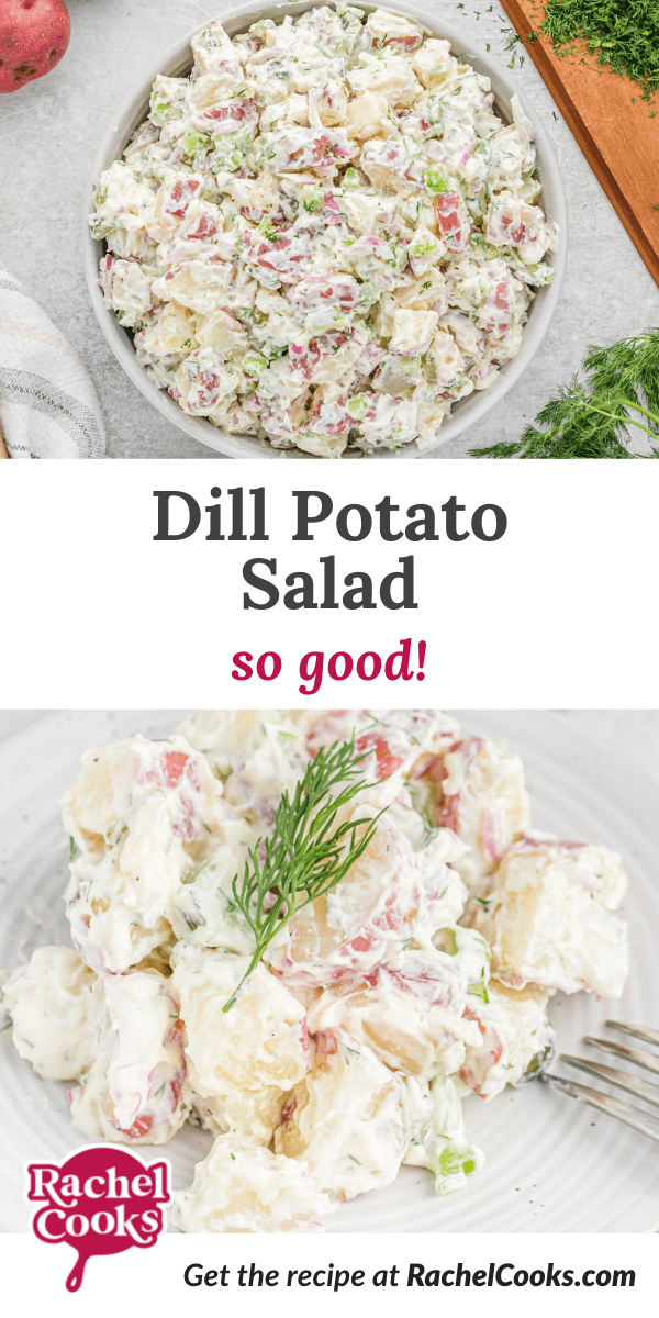 Potato salad, text overlay reads "dill potato salad - so good!"