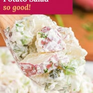 Potato salad, text overlay reads "dill potato salad - so good!"