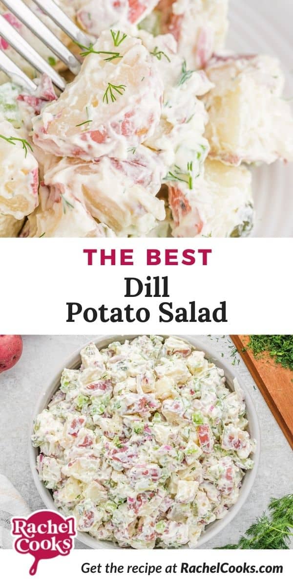 Potato salad, text overlay reads "the best dill potato salad."